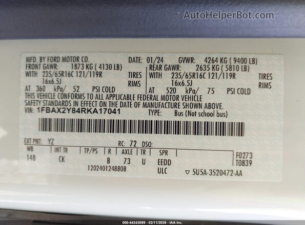 1FBAX2Y84RKA17041 2024 FORD PASSENGER White Vista del compartimento del motor