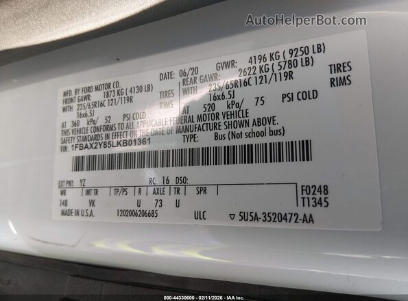 1FBAX2Y85LKB01361 2020 FORD PASSENGER White 