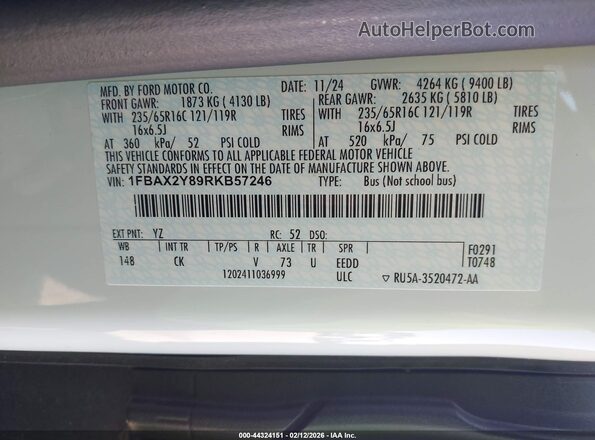 1FBAX2Y89RKB57246 2024 FORD PASSENGER White ძრავის განყოფილების ხედი