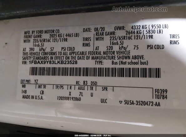1FBAX9Y83LKB23528 2020 FORD PASSENGER White Engine compartment view