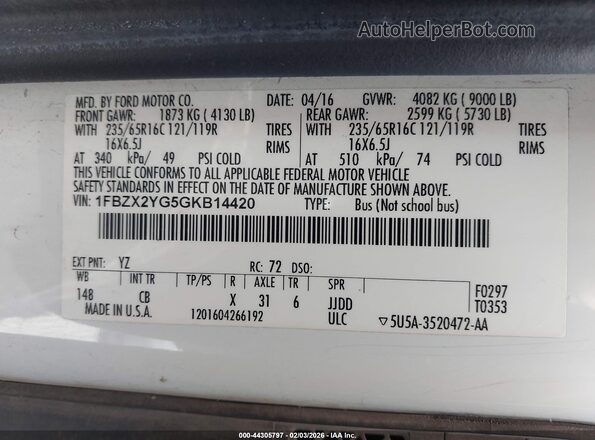 1FBZX2YG5GKB14420 2016 FORD TRANSIT-350 White Вид підкапотного простору