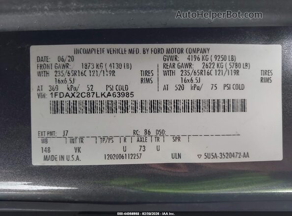 1FDAX2C87LKA63985 2020 FORD PASSENGER Gray ძრავის განყოფილების ხედი