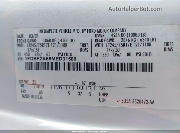 1FDBF2A66MED31580 2021 FORD F-250 White 