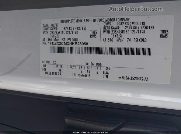 1FDZX2CMXHKB28058 2017 FORD TRANSIT-350 White Вид підкапотного простору