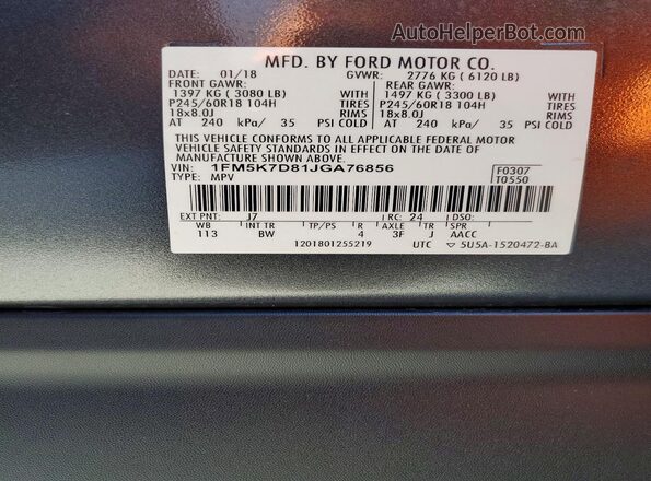 1FM5K7D81JGA76856 2018 FORD FORD EXPLORER Gray 