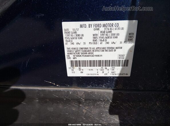 1FM5K7D84HGD16931 2017 FORD FORD EXPLORER Blue Widok komory silnika