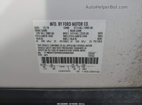 1FM5K7DH9KGA88304 2019 FORD FORD EXPLORER White 