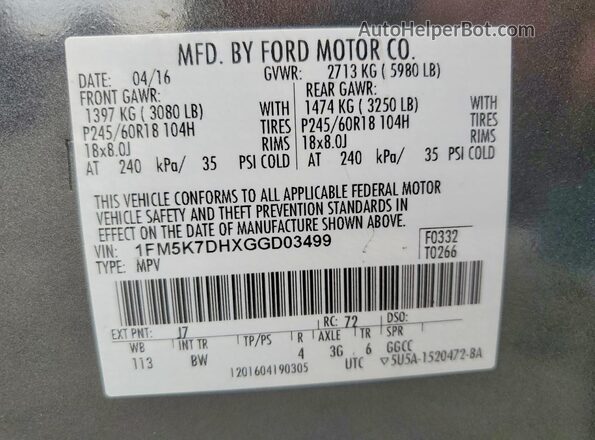 1FM5K7DHXGGD03499 2016 FORD FORD EXPLORER Gray Widok naklejki z numerem VIN