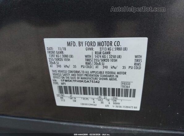 1FM5K7FH0KGA75342 2019 FORD FORD EXPLORER Gray 
