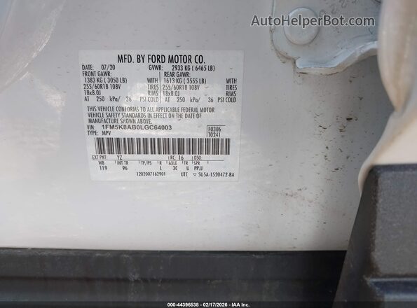 1FM5K8AB0LGC64003 2020 FORD POLICE INTERCEPTOR White Вид підкапотного простору