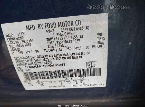 1FM5K8AB2PGA01243 2023 FORD POLICE INTERCEPTOR Blue უკანა სავარძლების ხედი