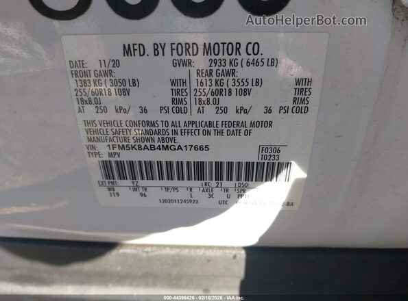 1FM5K8AB4MGA17665 2021 FORD POLICE INTERCEPTOR White Vista del compartimento del motor