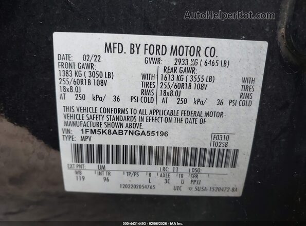1FM5K8AB7NGA55196 2022 FORD POLICE INTERCEPTOR Черный Вид подкапотного пространства