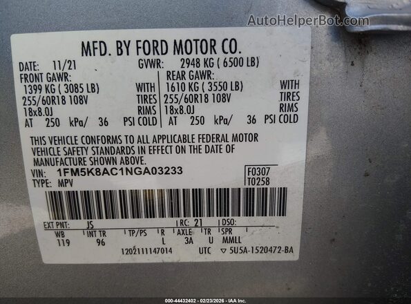 1FM5K8AC1NGA03233 2022 FORD POLICE INTERCEPTOR Silver Շարժիչի բաժամունքի տեսք
