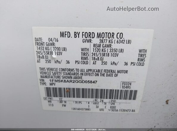 1FM5K8AR2GGD05847 2016 FORD UTILITY POLICE INTERCEPTOR White Շարժիչի բաժամունքի տեսք