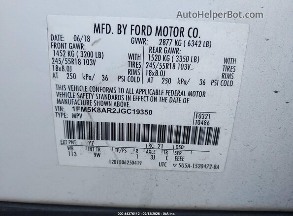 1FM5K8AR2JGC19350 2018 FORD POLICE INTERCEPTOR White Շարժիչի բաժամունքի տեսք