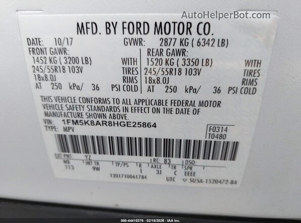 1FM5K8AR8HGE25864 2017 FORD UTILITY POLICE INTERCEPTOR White Engine compartment view
