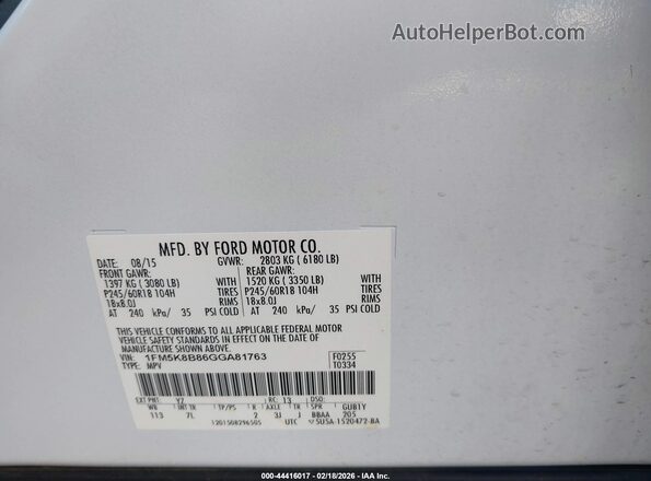 1FM5K8B86GGA81763 2016 FORD FORD EXPLORER White 