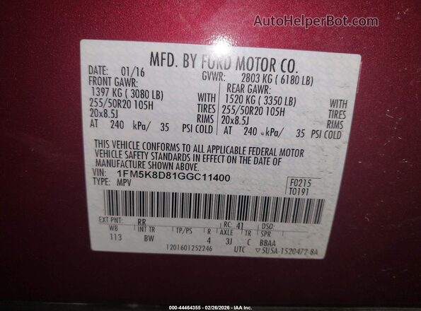 1FM5K8D81GGC11400 2016 FORD FORD EXPLORER Red Engine compartment view