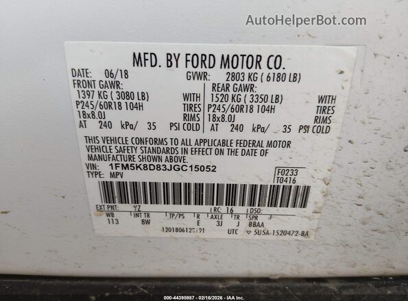1FM5K8D83JGC15052 2018 FORD FORD EXPLORER Белый Вид подкапотного пространства
