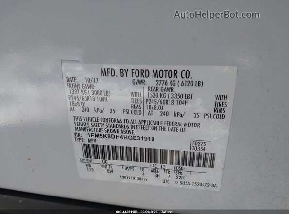 1FM5K8DH4HGE31910 2017 FORD FORD EXPLORER White 