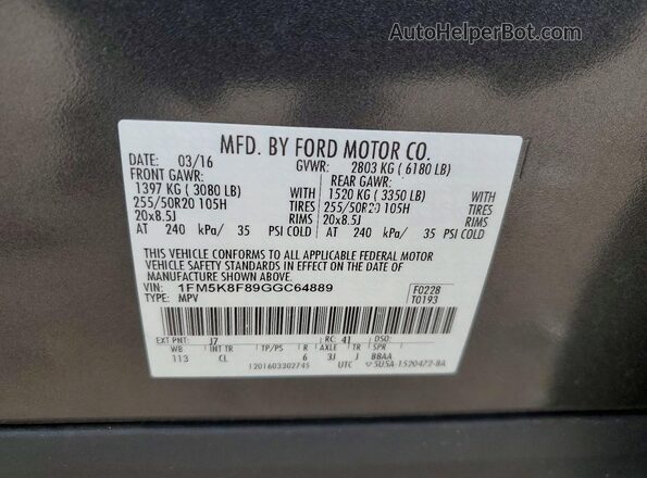 1FM5K8F89GGC64889 2016 FORD FORD EXPLORER Charcoal VIN կոդի պիտակի տեսք
