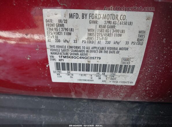 1FM5K8GC4NGC05779 2022 FORD FORD EXPLORER Red 