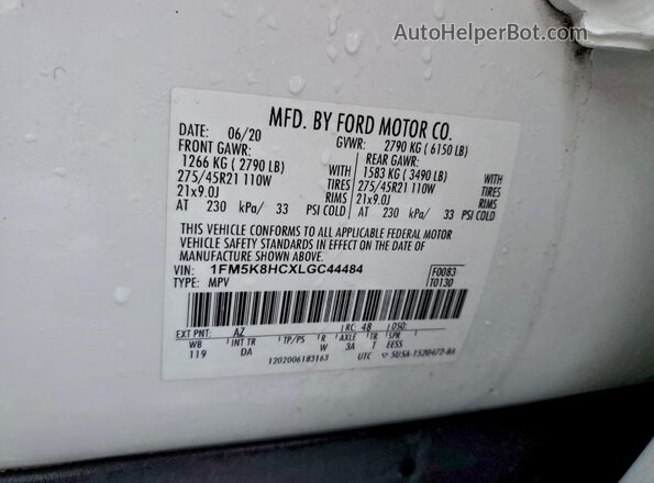 1FM5K8HCXLGC44484 2020 FORD FORD EXPLORER White VIN sticker view