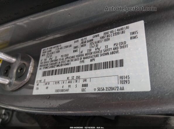 1FMCU0BZ1MUB16461 2021 FORD ESCAPE Silver Շարժիչի բաժամունքի տեսք