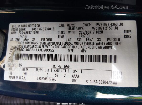 1FMCU0F61LUB98352 2020 FORD ESCAPE Blue Вид підкапотного простору