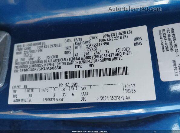 1FMCU0F73KUA60836 2019 FORD ESCAPE Синий 