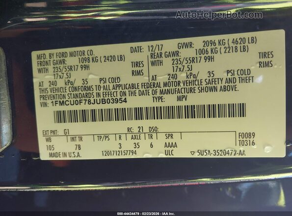 1FMCU0F78JUB03954 2018 FORD ESCAPE Black Շարժիչի բաժամունքի տեսք