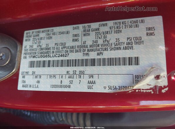 1FMCU0G65LUC24627 2020 FORD ESCAPE Red Вид підкапотного простору