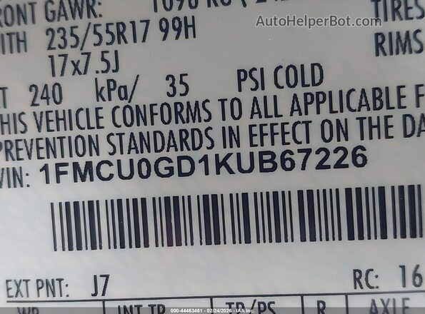 1FMCU0GD1KUB67226 2019 FORD ESCAPE Gray 