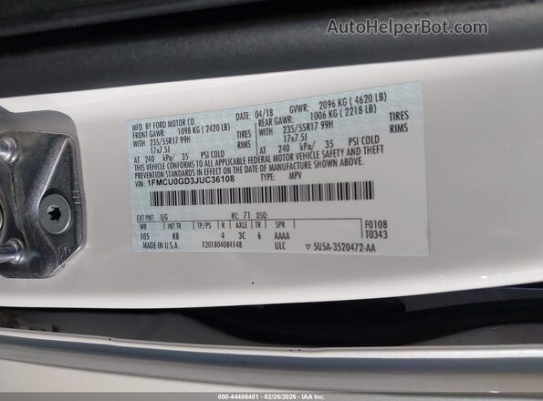 1FMCU0GD3JUC36108 2018 FORD ESCAPE White ძრავის განყოფილების ხედი