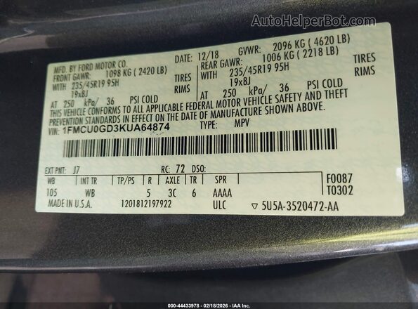 1FMCU0GD3KUA64874 2019 FORD ESCAPE Gray 