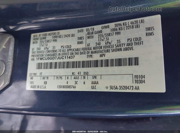 1FMCU0GD7JUC11437 2018 FORD ESCAPE Blue Vista del compartimento del motor