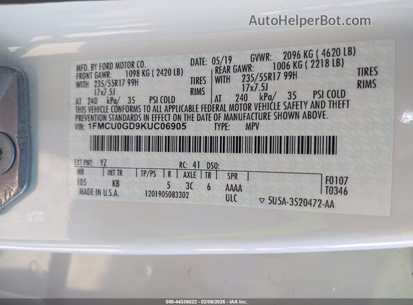 1FMCU0GD9KUC06905 2019 FORD ESCAPE White Вид підкапотного простору