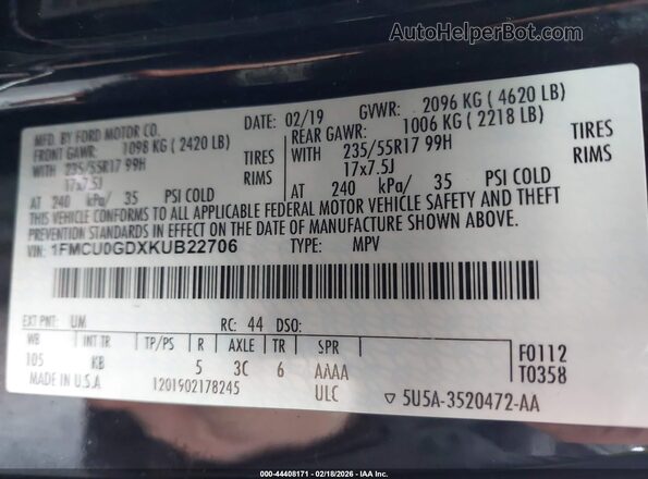 1FMCU0GDXKUB22706 2019 FORD ESCAPE Black 