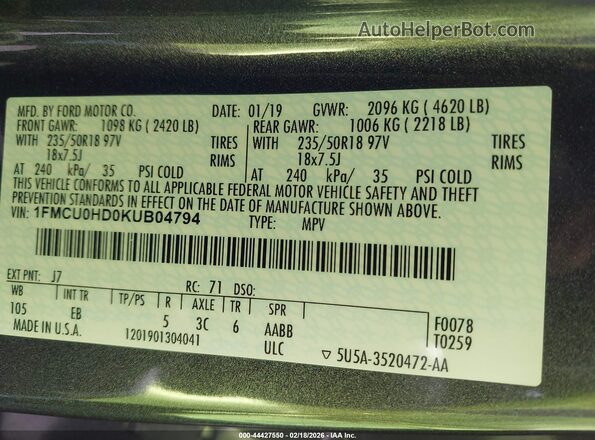 1FMCU0HD0KUB04794 2019 FORD ESCAPE Gray 