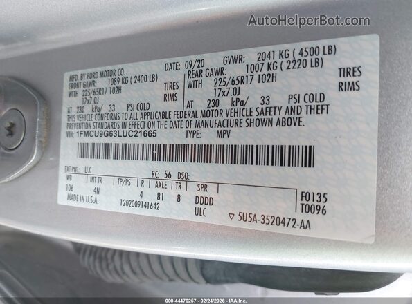 1FMCU9G63LUC21665 2020 FORD ESCAPE Silver Widok komory silnika