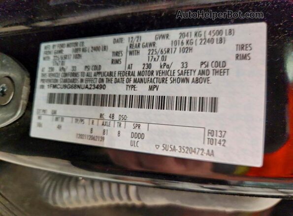 1FMCU9G68NUA23490 2022 FORD ESCAPE Черный Вид наклейки с VIN-кодом