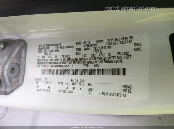 1FMCU9G98HUB05167 2017 FORD ESCAPE White Вид підкапотного простору