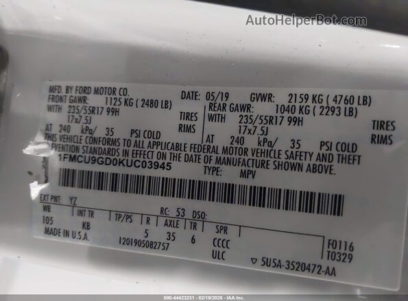 1FMCU9GD0KUC03945 2019 FORD ESCAPE White 