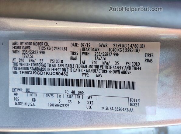 1FMCU9GD1KUC50482 2019 FORD ESCAPE Silver 