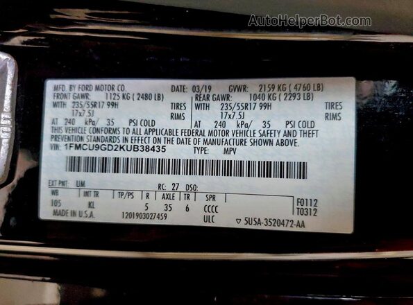 1FMCU9GD2KUB38435 2019 FORD ESCAPE Black VIN კოდის სტიკერის ხედი