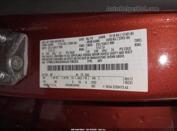 1FMCU9GD2KUC18222 2019 FORD ESCAPE Красный 
