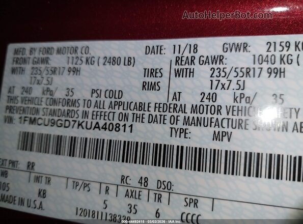 1FMCU9GD7KUA40811 2019 FORD ESCAPE Burgundy 