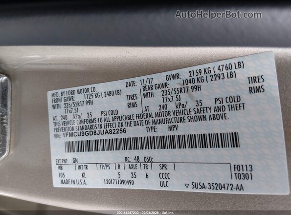 1FMCU9GD8JUA82256 2018 FORD ESCAPE Gold Vista del compartimento del motor
