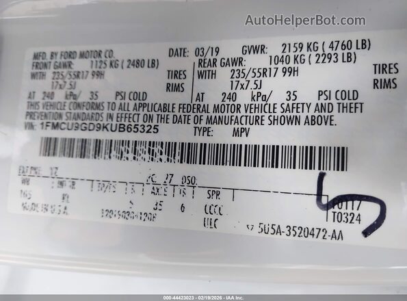 1FMCU9GD9KUB65325 2019 FORD ESCAPE White 